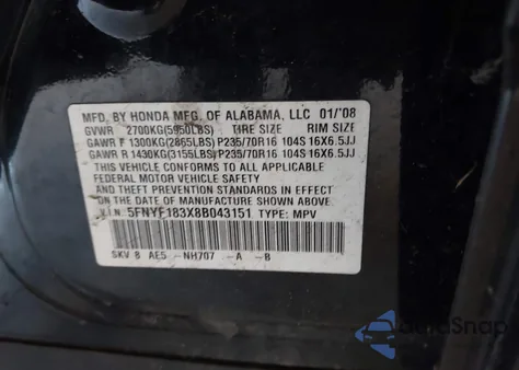 2008 Honda Pilot Se from USA, damaged, VIN 5FNYF183X8B043151